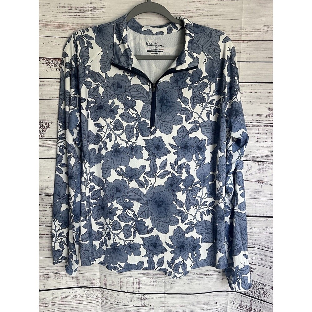 NWOT Walter Hagen UPF 50+ 1/4 Zip Golf Polo Women’s XL White/Blue Floral